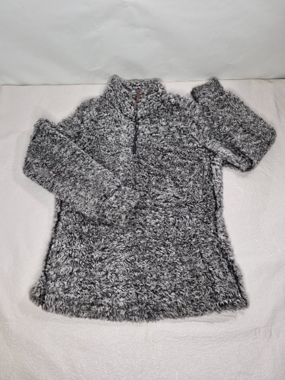 Weatherproof Women L Faux Fur Mock Neck Pullover 1/4 Zip Sweater Sweatshirt Gray